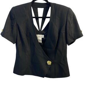 Jackie K Black Short Sleeve Blazer Jacket VNeck Open Back Detail Size 5/6